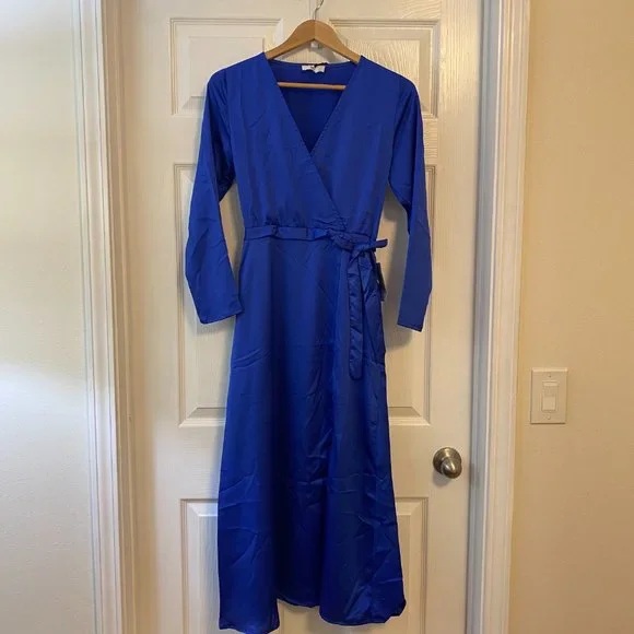 NSR Nordstrom Long Sleeve Faux Wrap Around Maxi Dress - Small - Royal Blue NWT - Picture 2 of 5